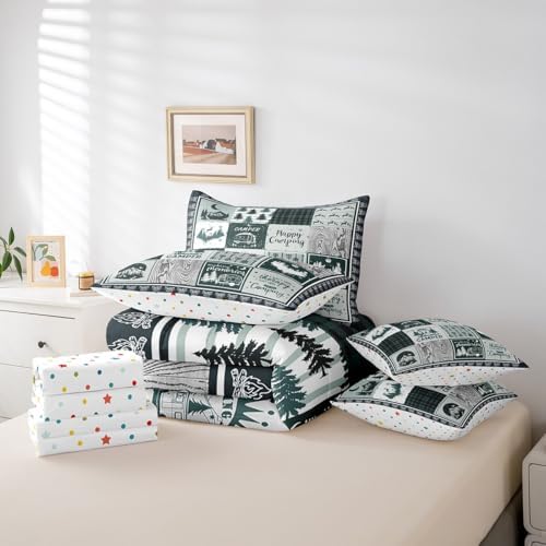Erosebridal 7 Piece Kids Happy Camping Full Comforter Set,Rv Camper Bedding Set with Sheets for Travel Trailers,Green Buffalo Plaid Patchwork Bed Set,Rustic Cabin Bed in a Bag with Pillowcases