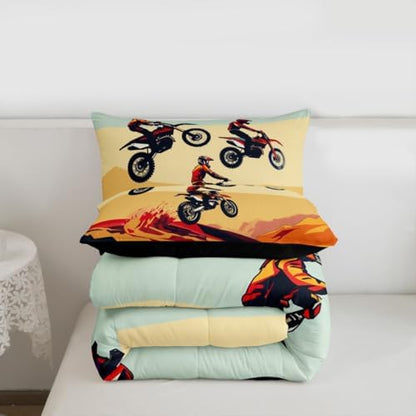 Feelyou Multi-Rider Motocross Comforter Set Full Desert Racing Dirt Bike Bedding Set Checkered Flag Duvet Quilt for Boys Girls Room Off-Road Racing Design Decor Outdoor Sports Soft Breathable