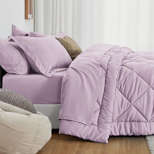 Love's cabin California King Comforter Set Light Purple, 7 Pieces California King Bed in a Bag, All Season Bedding Sets with 1 Comforter, 1 Flat Sheet, 1 Fitted Sheet, 2 Pillowcase and 2 Pillow Sham