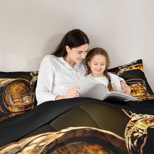 Whisky Drinks Kids Comforter Set King Size,Whiskey Malt Liquor Drinking Modern Bedding Set,Girls Boys Room Decor,Bar Beer Glass Quilt Comforter,Western Fashion Duvet Insert,2 Pillowcases