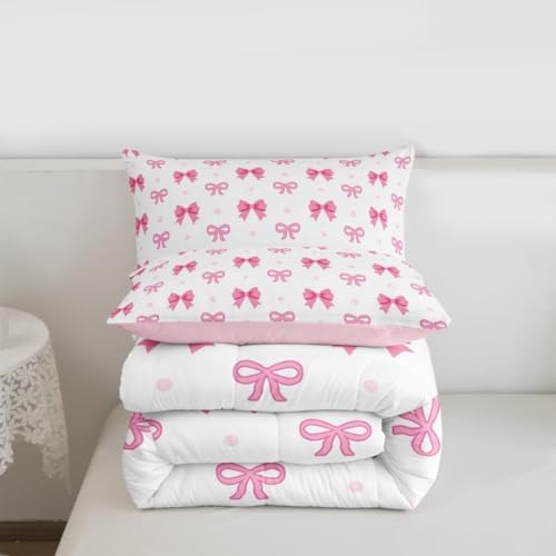 jejeloiu Bowknot Bedding Set Boys Girls Pink Bow Comforter Set Full Size
