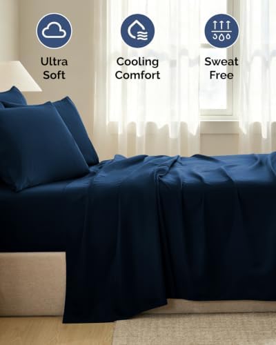 Split King 7 Piece Bed Sheet Set - Comfy, Breathable & Cooling - Dark Blue