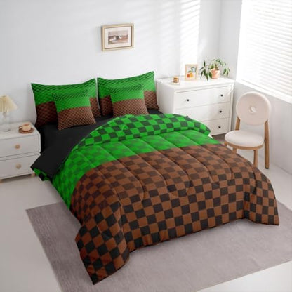 jejeloiu Green Brown Plaid King Comforter Set with Sheets for Kids Boys Girls Checkered Classic 7 Pieces Bedding Set Grid Geometric Bed in a Bag Room Decor Soft Lightweight Microfiber
