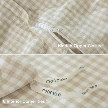 MooMee Gingham Duvet Cover Set 100% Washed Cotton Linen Like