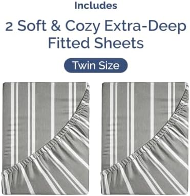 CGK Linens 2 Pack Extra Deep Twin Fitted Sheets - Grey Stripes