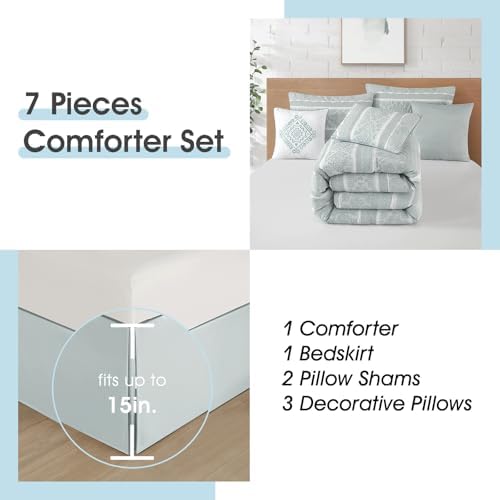 LANCO MODERN LIFESTYLE 7 Piece California King Comforter Set, Dusty Green, Elegant Jacquard with Patchwork, Stylish and Cozy Bedding Collection, Premium Bedding Set with Bedskirt, Shams and Pillows