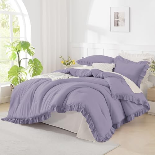 Andency Oversized King Ruffle Comforter Set, 3 Pcs Purple Fluffy Bedding