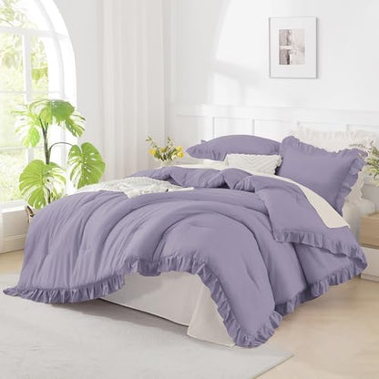 Andency Oversized King Comforter Set, 3 Pcs Purple Ruffle Chic Bedding Set