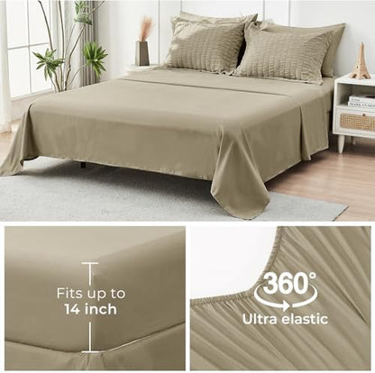 HYMOKEGE Linen Oversized King Comforter Set Seersucker 7 Pieces, All Season Luxury Bed in a Bag for Bedroom, Bedding Set with Comforter, Sheets, Pillowcases & Shams