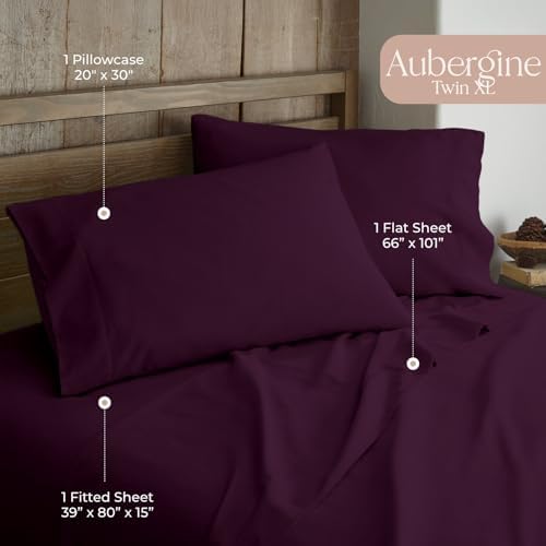 100% Organic Flannel Sheets Twin XL Size - 100% Cotton Flannel Sheets Set with Ultra Comfortable Cozy and Soft Brushed Finish and Deep Pocket - 1 Flat 1 Fitted & 2 Pillowcases (Aubergine, Twin XL)