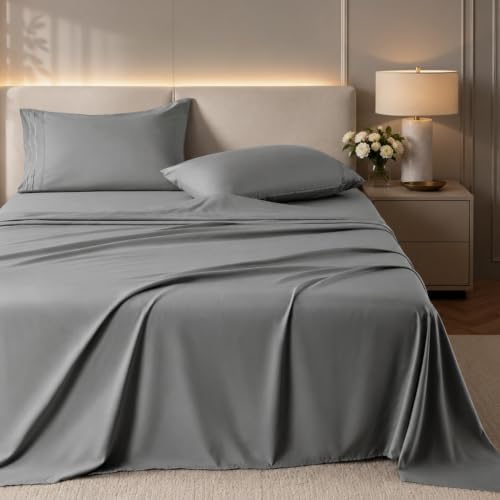 ROSE&RISY Light Grey Queen Sheet Set, 4 Pieces Soft Bedding Queen Sheet Set, Breathable and Cooling,Includes 1 Fitted, 1 Flat, 2 Pillow Cases - Deep Pocket (Light Grey, Queen)