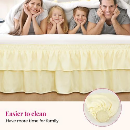 RIMELA Ruffle Bed Skirt Butter Yellow Queen 18 Inch Drop, Elastic Wrap Around Bed Skirting Queen Size, Easy to Install Dust Ruffle, Machine Washable Soft Fabric, Multi Ruffle Bedskirt