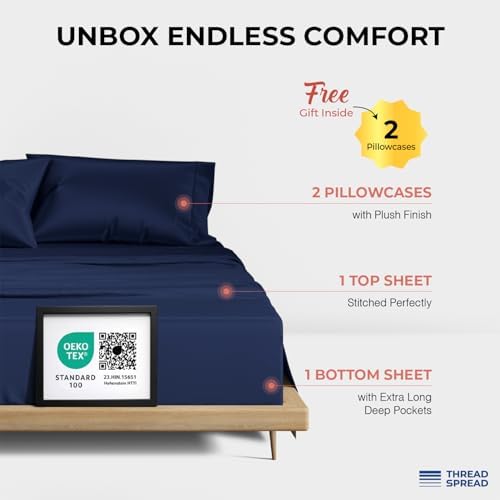 THREAD SPREAD 100% Egyptian Cotton Queen Sheets Set - 1200 Series Plush Collection Luxury Egyptian Cotton Sheets Queen Size Deep Pocket (4 PC, Navy Blue), Soft, Cooling, Sateen Weave Sheet Set