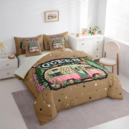 Erosebridal Camper Rv Boys Bed in A Bag Happy Camping Comforter Set with Sheets Vintage Pine Trees 7-Piece Bedding Set Twin Size for Kids Teens Men Bedroom Brown Leopard Print Bed Sets