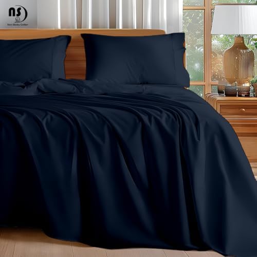 NON Sticky cotton Twin XL 4 Piece Sheet Set, 100% Long Staple Cotton, Soft Cooling Hotel Luxury Bedding Sheets, Deep Pocket Fits 10" to 18" Mattress, 39" x 80", Navy Blue Solid