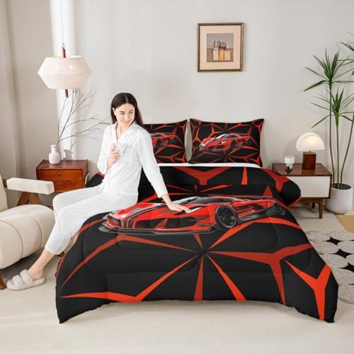 Castle Fairy Racing Car Twin Size Comforter Set for All Seasons,Extreme Sport Theme Abstract Geometric Lines Bedding Set Teens Bedroom Decor,Red Race Car Comforter Inner Fill with 1 Pillowcase