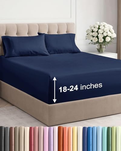 Extra Deep Queen Sheet Set - 4 Piece Breathable Cooling Sheets - Navy Blue