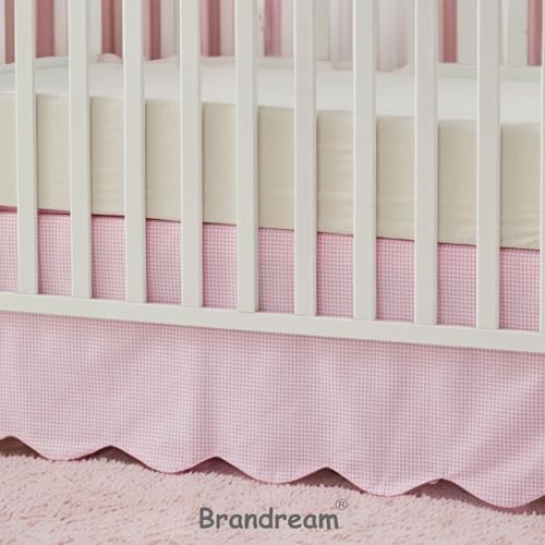 Brandream Scallop Edge Cotton Crib Skirt, Baby Boy Girl Gender Neutral Crib Skirt Toddler Bedskirt Farmhouse Chic Plaid Nursery Crib Bed Skirt, Gingham Check Pink