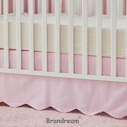 Brandream Scallop Edge Cotton Crib Skirt, Baby Boy Girl Gender Neutral Crib Skirt Toddler Bedskirt Farmhouse Chic Plaid Nursery Crib Bed Skirt, Gingham Check Pink
