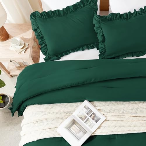 Andency Dark Green Ruffle Comforter Twin Size, 2 Pieces Soft Bed Set