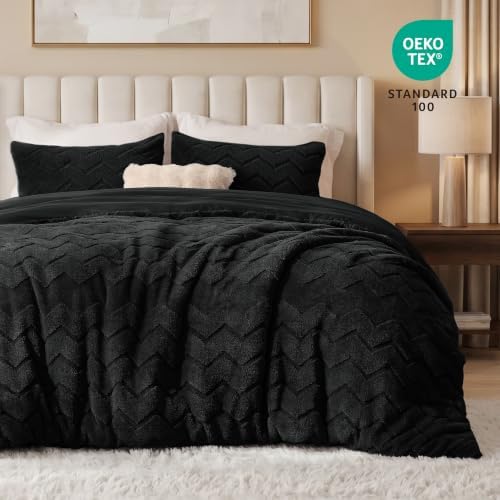 Love's cabin Fleece King Comforter Set, Fluffy Reversible Bedding, Black