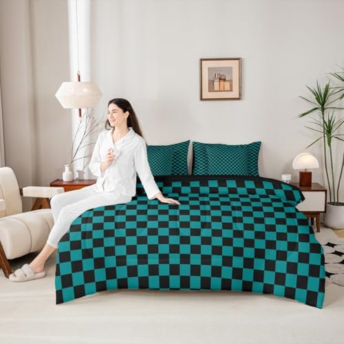 jejeloiu Teal Checkerboard Comforter Set with Sheets 7 Piece King Size
