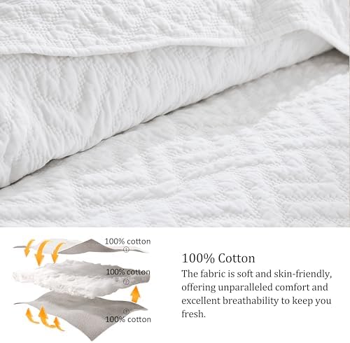 palassio White 100% Cotton Quilt King Size Bedding Sets with 2 Pillow Shams, Lightweight Textured Farmhouse Country Bedspread Soft Shabby Chic Patterned Coverlet for All Season, 3 Pieces