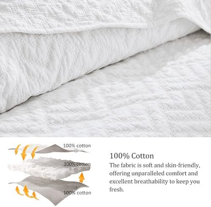 palassio White 100% Cotton Quilt King Size Bedding Sets with 2 Pillow Shams, Lightweight Textured Farmhouse Country Bedspread Soft Shabby Chic Patterned Coverlet for All Season, 3 Pieces