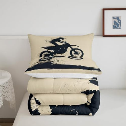 Feelyou Cool Motocross Comforter Set Toddler Size Dirt Bike Bedding Set Ultra Soft Motorcycle Racer Comforter for Kids Boys Girls Motorcycle Duvet Quilt Bedroom Decor Motorbike Quilt
