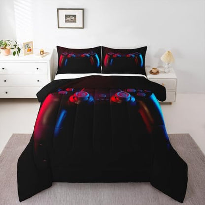 Erosebridal Gaming Bedding Set Gamer Comforter Set Kids Teens Boys Girls Gamepad Quilt Duvet Set Video Game Controller Pattern,Modern Decor 3 Pcs Down Comforter with 2 Pillow Shams,Queen Size,Black
