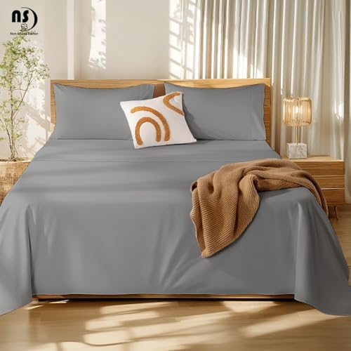 NON Sticky cotton King 4 Piece Sheet Set, 100% Long Staple Cotton, Soft Cooling Hotel Luxury Bedding Sheets, Deep Pocket Fits 10" to 18" Mattress, 78" x 80", Light Grey Solid