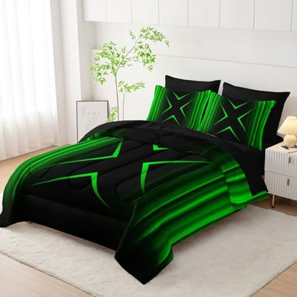 Nttopship Black and Green Geometric Comforter Set Twin Size 7Pieces,3D Abstract Mordern Printed Bedding Set for Adults,Geometric Mordern Decor All Seasons with Pillowcases,Flat, Fitted Sheet