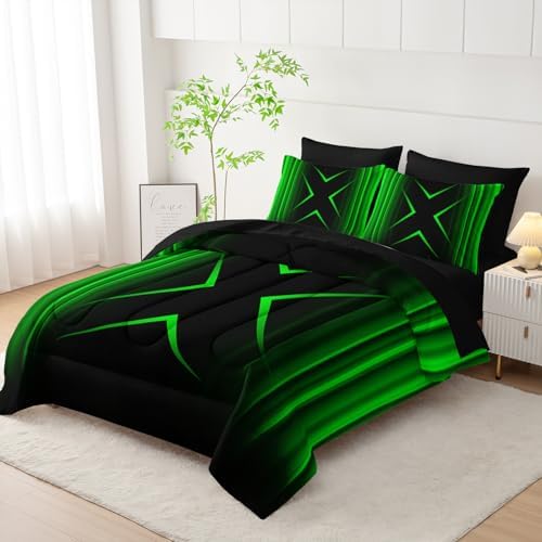 Nttopship Black and Green Geometric Comforter Set Full Size 7Pieces,3D Abstract Mordern Printed Bedding Set for Adults,Geometric Mordern Decor All Seasons with Pillowcases,Flat, Fitted Sheet