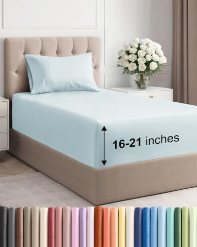 Extra Deep Pocket Twin Size Sheet Set - Breathable & Cooling - Ice Blue