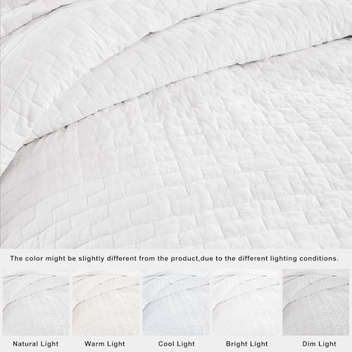 palassio White 100% Cotton Quilt California Cal King Size Bedding Sets with 2 Pillow Shams, Textured Oversized Lightweight Bedspread Shabby Chic Coverlet, Soft Bed Cover for All Season, 3 Pieces