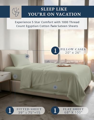 LANE LINEN Extra Long Twin Sheets for Dorm Room Sateen Weave - Mineral