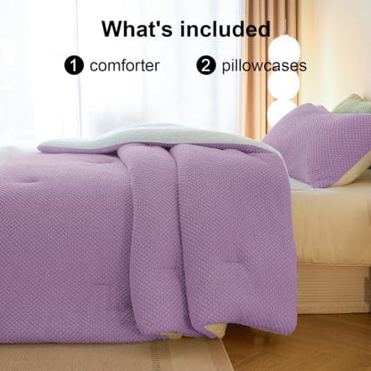 LLanCL 3D Jacquard Design Comforter Set, Ultra-Soft Warm Queen Size Sherpa Fur Plush 3-Pieces Sets Luxury Cozy Bedding with 2 Pillowcases (90"x90", Lavender Purple)