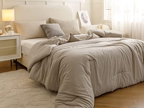 ROSGONIA Queen Comforter Set Oatmeal, 3pcs(1 Boho Oatmeal Comforter & 2 Pillowcases) All Season Soft Bedding Lightweight Bedspread Blanket Quilt (Pack of 5)