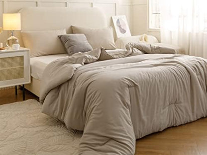 ROSGONIA Queen Comforter Set Oatmeal, 3pcs(1 Boho Oatmeal Comforter & 2 Pillowcases) All Season Soft Bedding Lightweight Bedspread Blanket Quilt (Pack of 5)