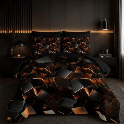Nttopship Black and Yellow Geometric Comforter Set Twin Size 7PCS,Abstract Triangular Printed Bedding Set for Adults,Geometric Mordern Art Decor All Seasons with Pillowcases,Flat, Fitted Sheet