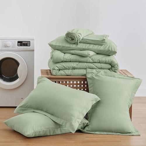 Love's cabin Oversized Queen Comforter Set, 7 Pieces Bed in a Bag, All Season Bedding Sets with 1 Comforter, 1 Flat Sheet, 1 Fitted Sheet, 2 Pillowcase and 2 Pillow Sham, Sage