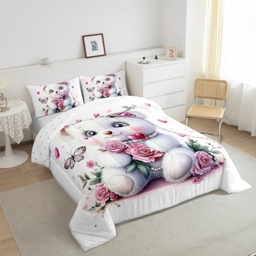 Feelyou Kids Cute Bear Comforter Set Twin Size Pink Rose Butterfly Love Heart Bedding Set Boys Girls Flowers Floral Quilt Set Cartoon Kawaii Animal Pattern Bed Set