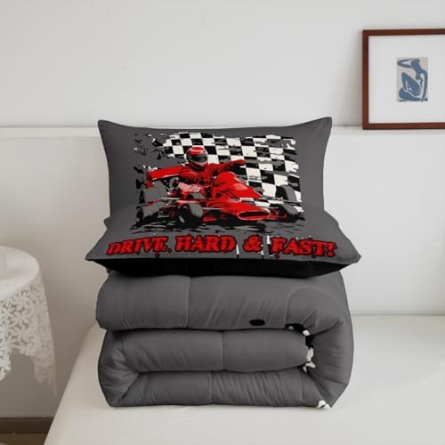 Erosebridal Go Kart for Kids Comforter Set Boys Kart Drifting Duvet Insert Youth Karting Extreme Sport Bedding Set Black and White Buffalo Checked Quilted Duvet Red Racing Car Bedroom Decor Twin Size