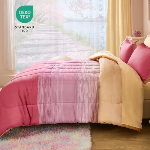 Dinjoy Girls Comforter Set Twin Size 5 Pieces Bed in A Bag Colorful Ombre Pink Yellow Rainbow Bedding Set for Kids Teen (1 Comforter, 1 Flat Sheet, 1 Fitted Sheet, 1 Pillow sham, 1 Pillowcases)