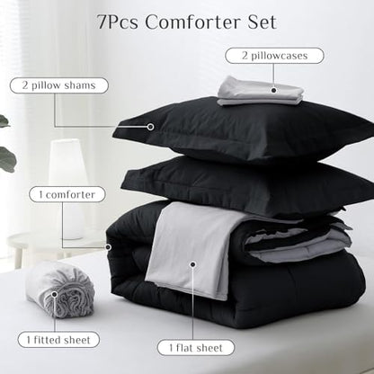 JOLLYVOGUE Full Comforter Set, Ultra-Soft Bed in a Bag Full Size 7 Pieces, Oeko-TEX Certified Bedding Set with Down Alternative Comforter, Sheets, Pillowcases & Shams, Black & Light Grey