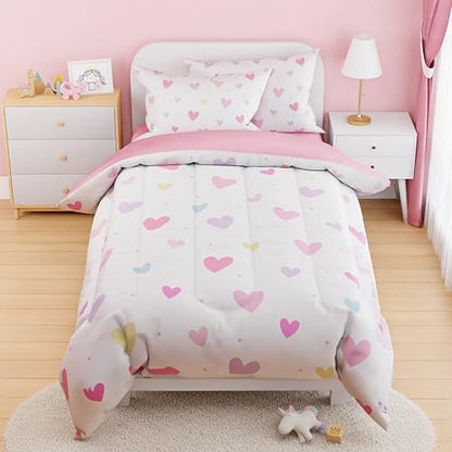 SANDJEST Heart Comforter Set Twin Size 68x86in for Kids Girls, Microfiber 3 Pcs Bedding Set Includes 1 Comforter, 1 Pillowcase, 1 Fitted Sheet, Nursery Room Decor