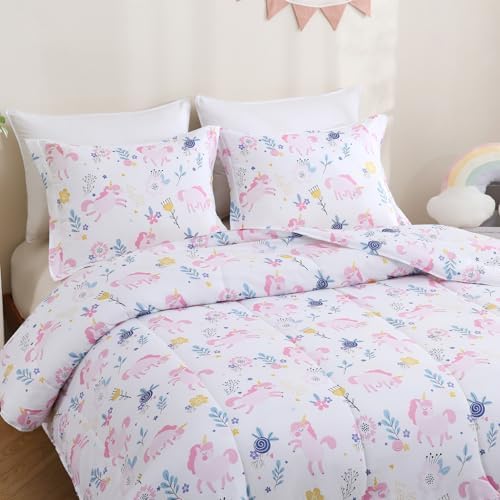 Yibeizi Unicorn Bed Comforter Set Twin Pink Girls Floral Bedding