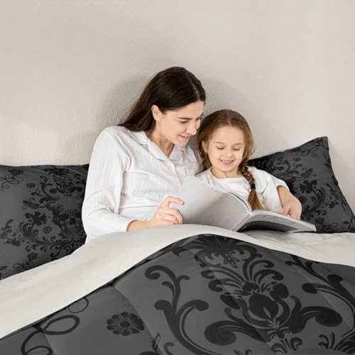 Feelyou Gothic Kids Comforter Set Full Size Sugar Skull Bedding Set Damask Print Floral Duvet Quilt for Kids Boys Girls Bedroom Decor Microfiber Ultra Soft Breathable