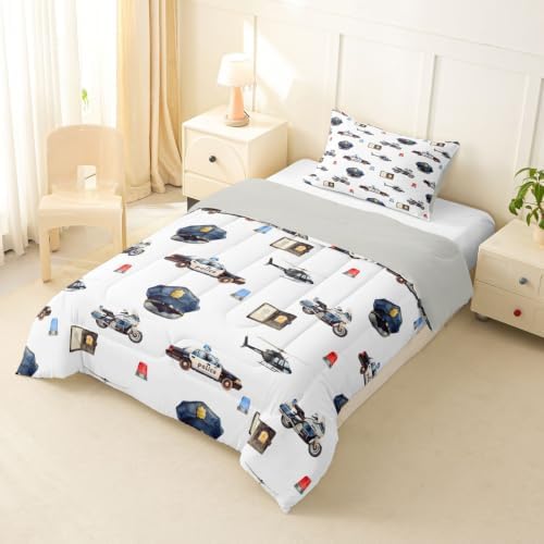 Feelyou Police Car Comforter Set Twin Size Policeman Vehicle Bedding Set for Kids Boys Girls Aircraft Cartoon Car Duvet Quilt Bedroom Decor Microfiber 2 Pcs with 1 Pillow Case