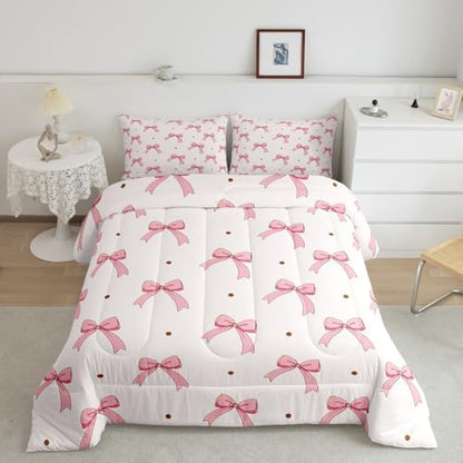 Feelyou Pink Bow Bedding Set for Kids Girls Woman Twin Size Cute Coquette